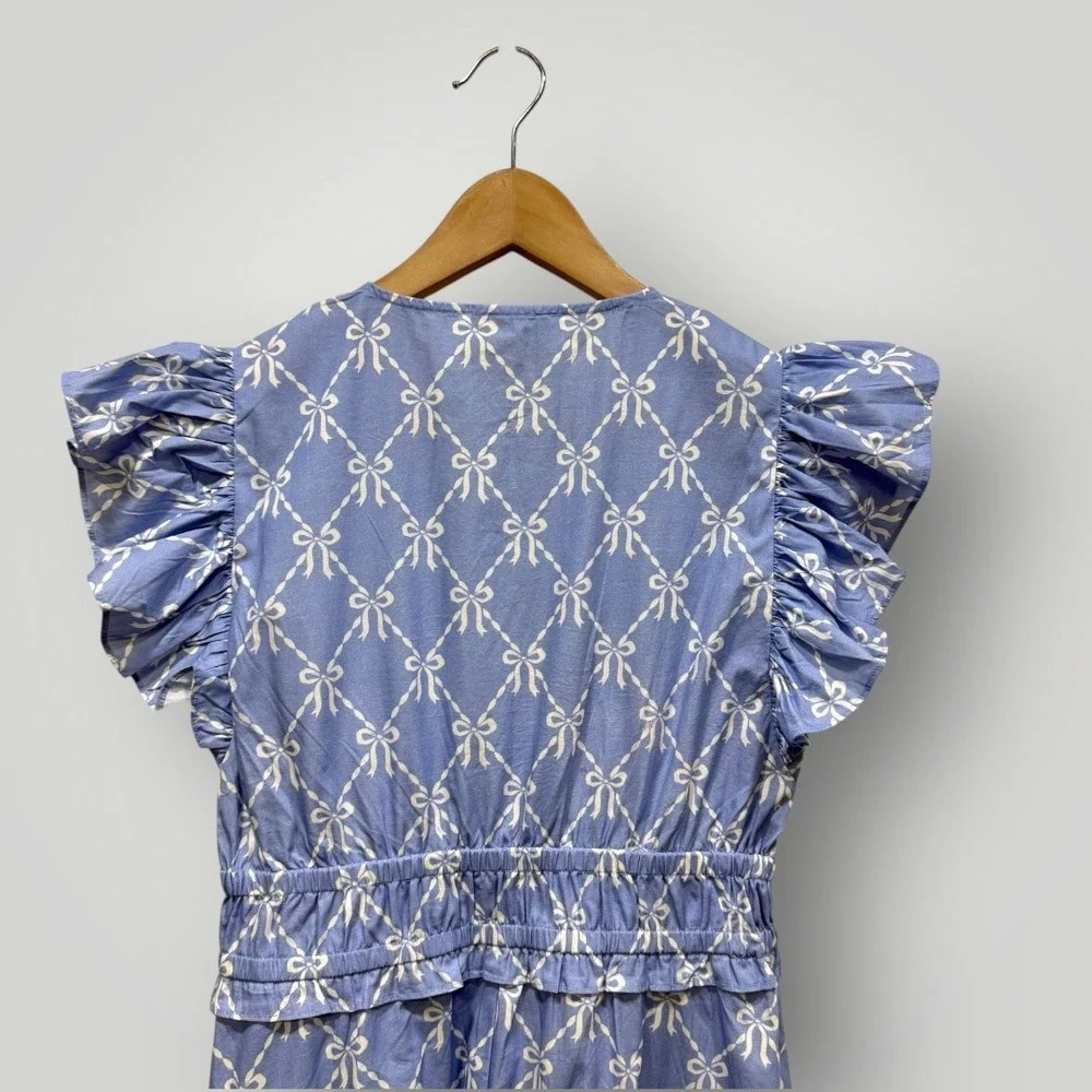 Sail to Sable Hydrangea Bow Print Flutter Sleeve V Neck Maxi Dress Blue SP25T5 S - Picture 7 of 9